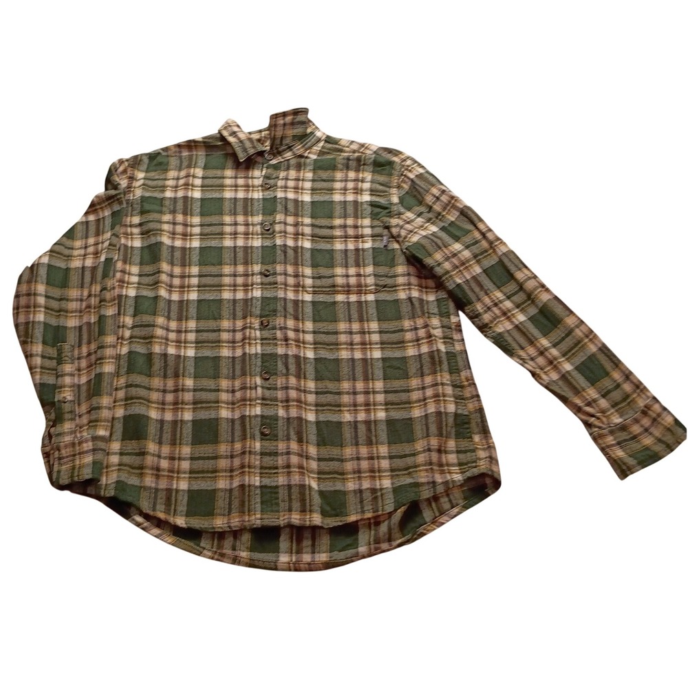 Eddie Bauer Flannel Shirt Men's Long Sleeve Plaid Green Tan Outdoor Casual L
